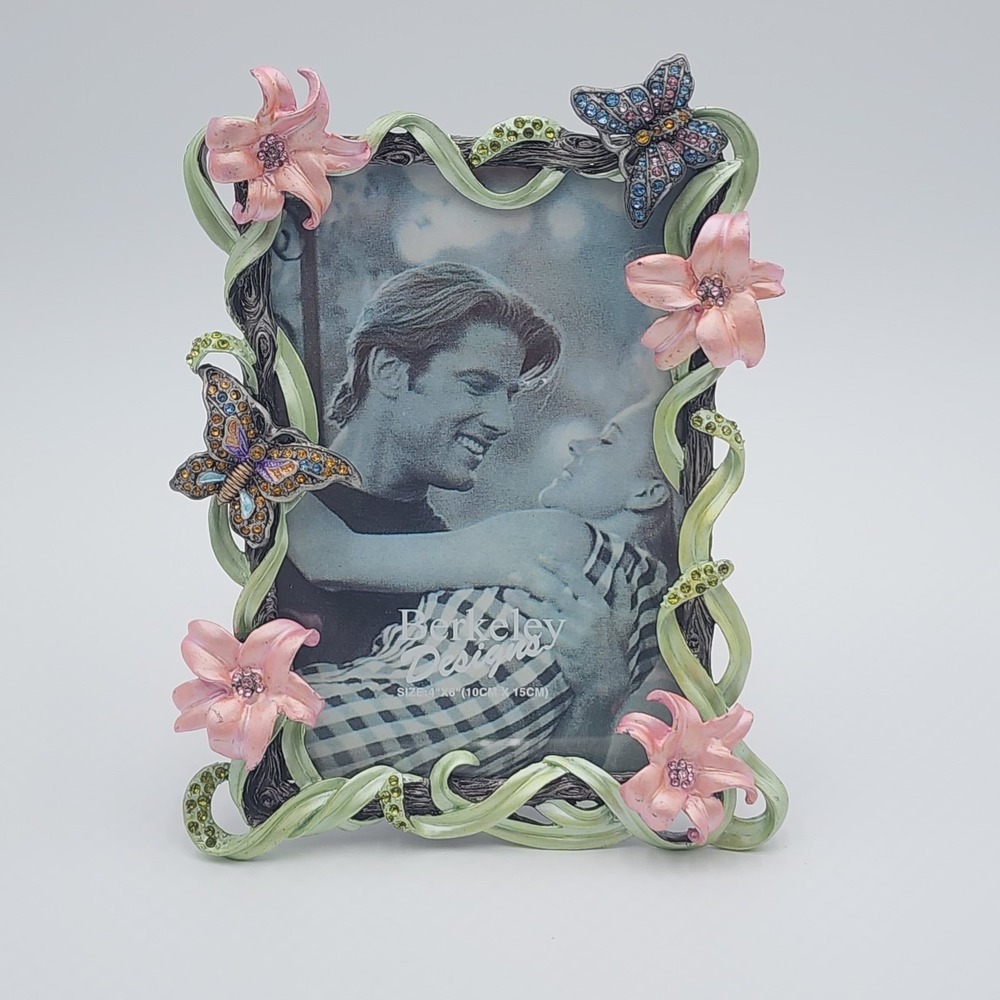 Berkeley Designs Photo Frame Green with Pink Flowers Rhinestone Butterflies 4x6